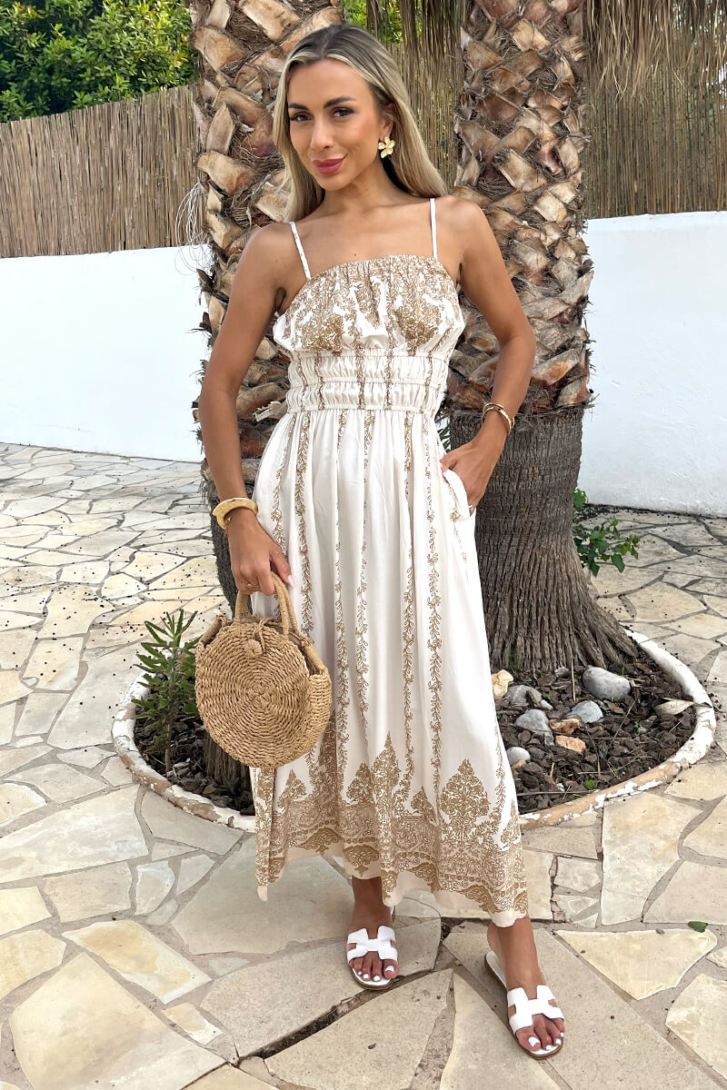 Cream Boho Vine Print Strappy Shirred Waist Midi Dress