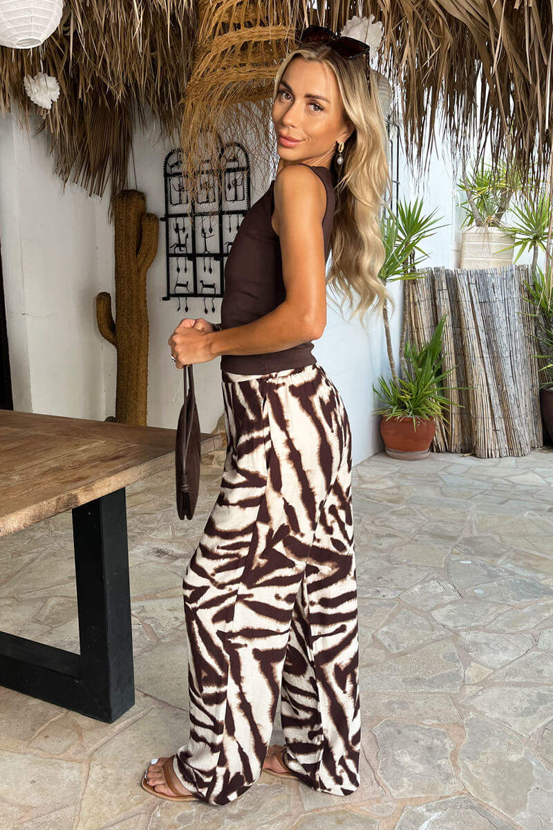 Brown Animal Print Wide Leg Trousers