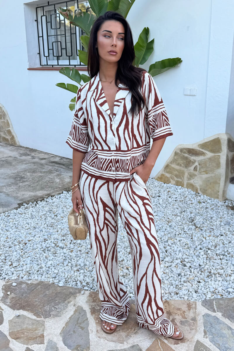 Cream And Brown Abstract Print Wide Leg Trousers