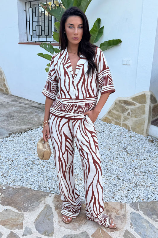 Cream And Brown Abstract Print Wide Leg Trousers