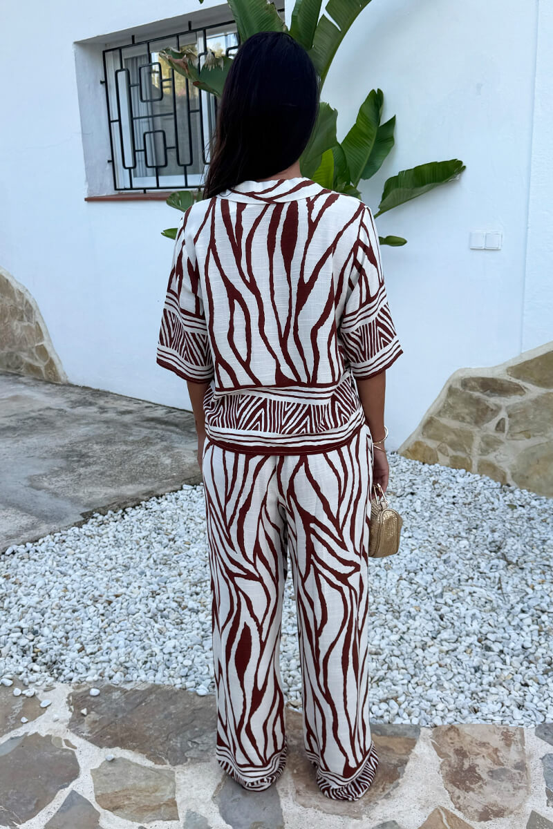 Cream And Brown Abstract Print Wide Leg Trousers
