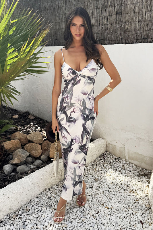 Cream Floral Print Strappy Knot Detail Mesh Midi Dress