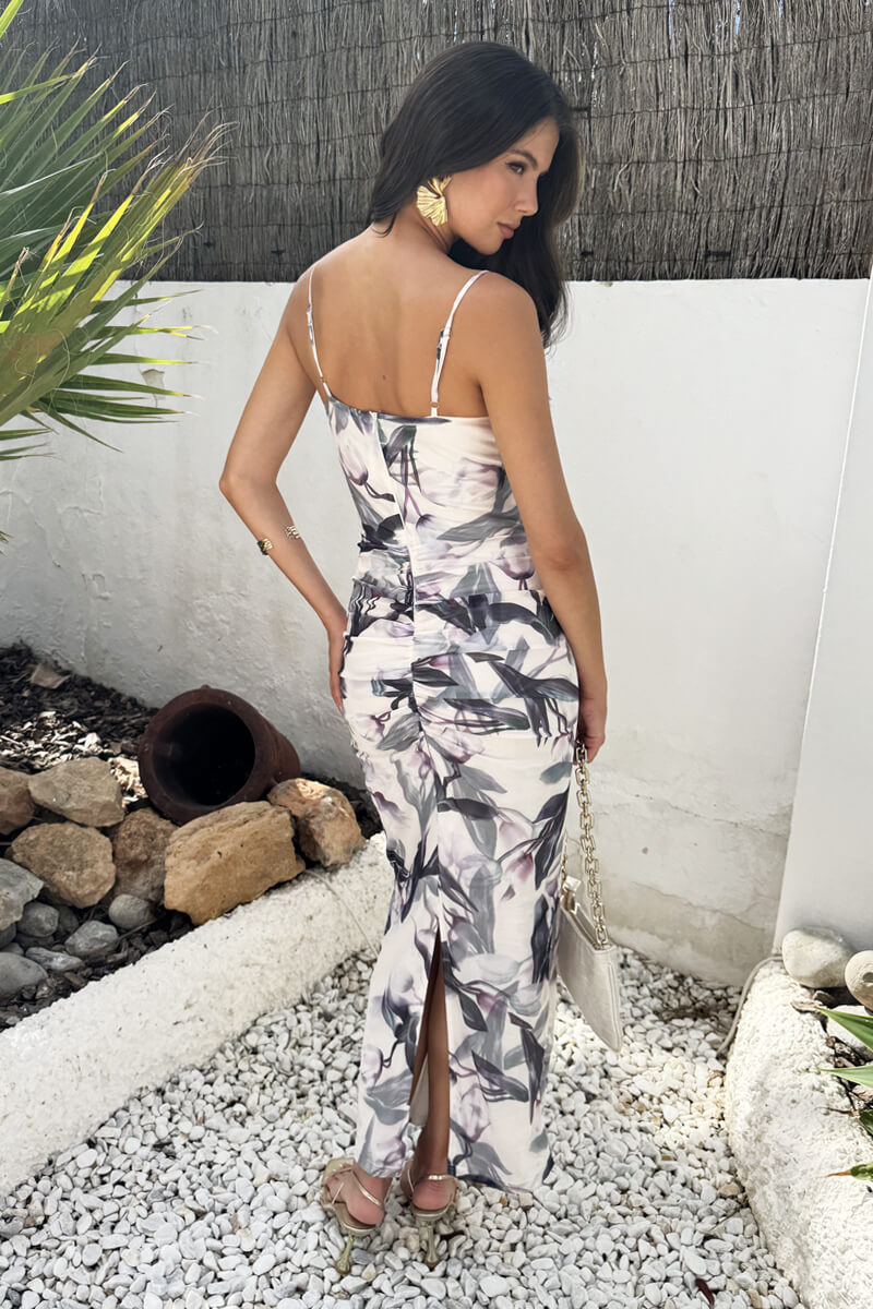Cream Floral Print Strappy Knot Detail Mesh Midi Dress