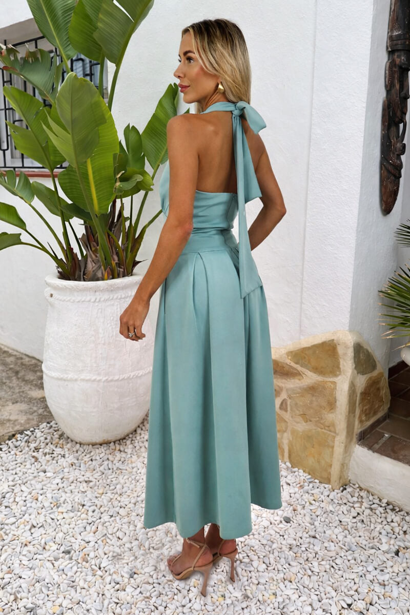 Duck Egg Tie Halter Neck Midi Dress