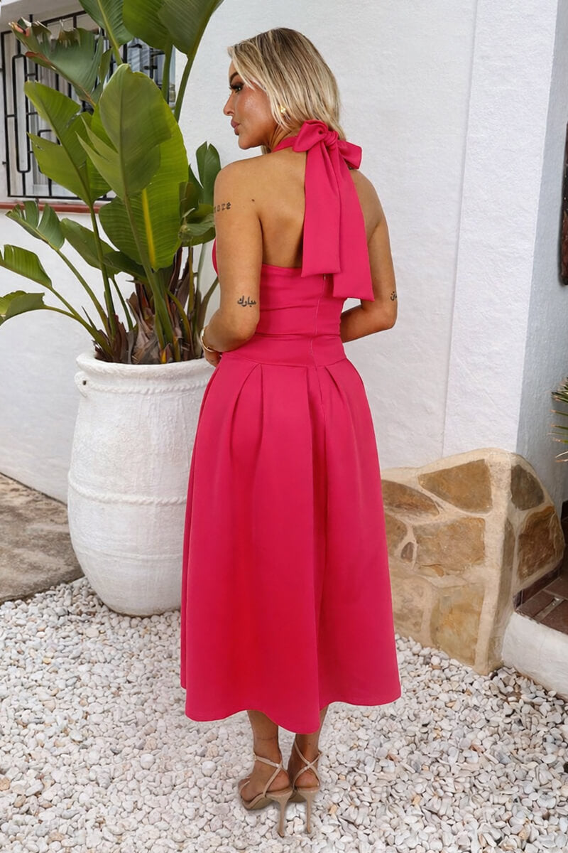 Magenta Tie Halter Neck Midi Dress