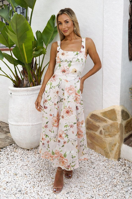Multi Floral Print Square Neck A-line Midi Dress